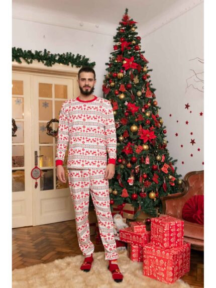 Haine de Craciun Pijama de Craciun Barbat cu Maneca Lunga din Bumbac Rosu model Jingle 1