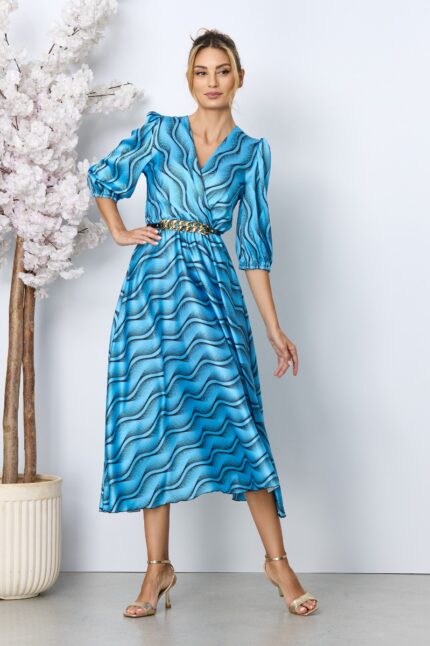 Rochie eleganta Yolanda Bleu cu imprimeu
