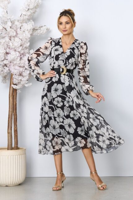 Rochie eleganta Ingrid Floral Bicolora