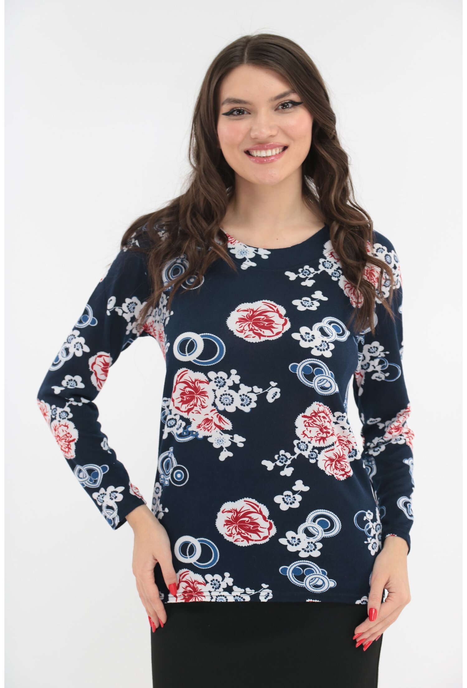 Bluza din jerse bleumarin cu flori maxi Bluza din jerse bleumarin cu flori maxi