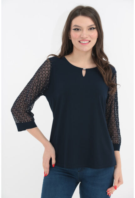 Bluza eleganta bleumarin cu insertii din tull si glitter