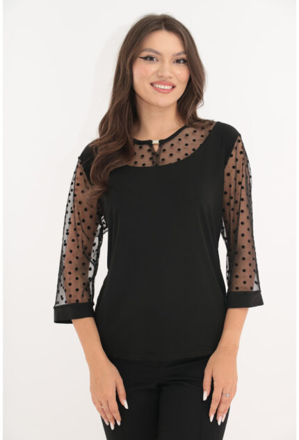 Bluza eleganta neagra cu insertii din tulle cu buline din catifea