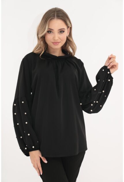 Bluza eleganta neagra cu maneci bufante si perlute