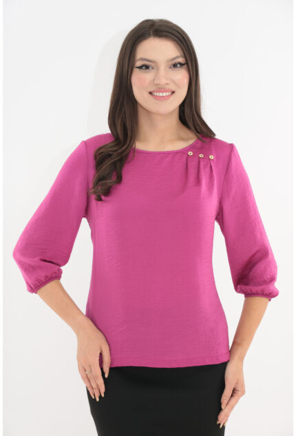 Bluza fucsia cu pliuri asimetrice din material tip matase satinata
