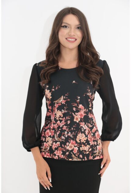 Bluza neagra cu bordura florala caramizie