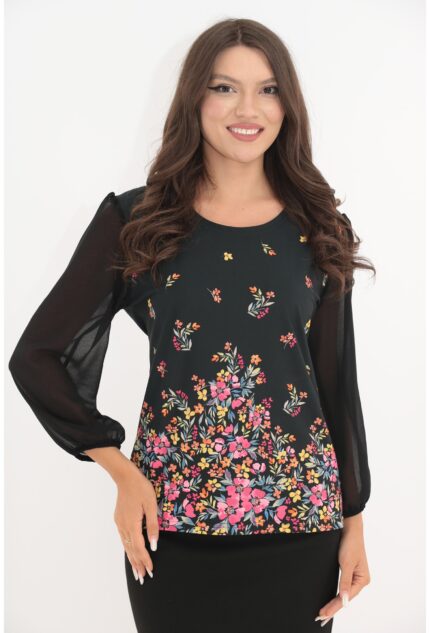 Bluza neagra cu bordura florala roz