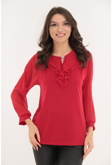 Bluza rosie cu volanas dublu la decolteu