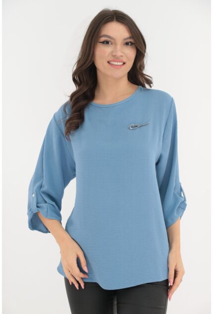 Bluza uni bleu cu brosa argintie