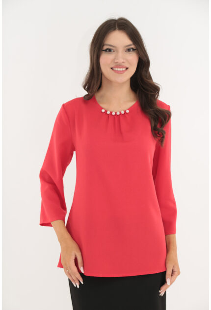 Bluza uni roz-grenadine cu perlute la decolteu