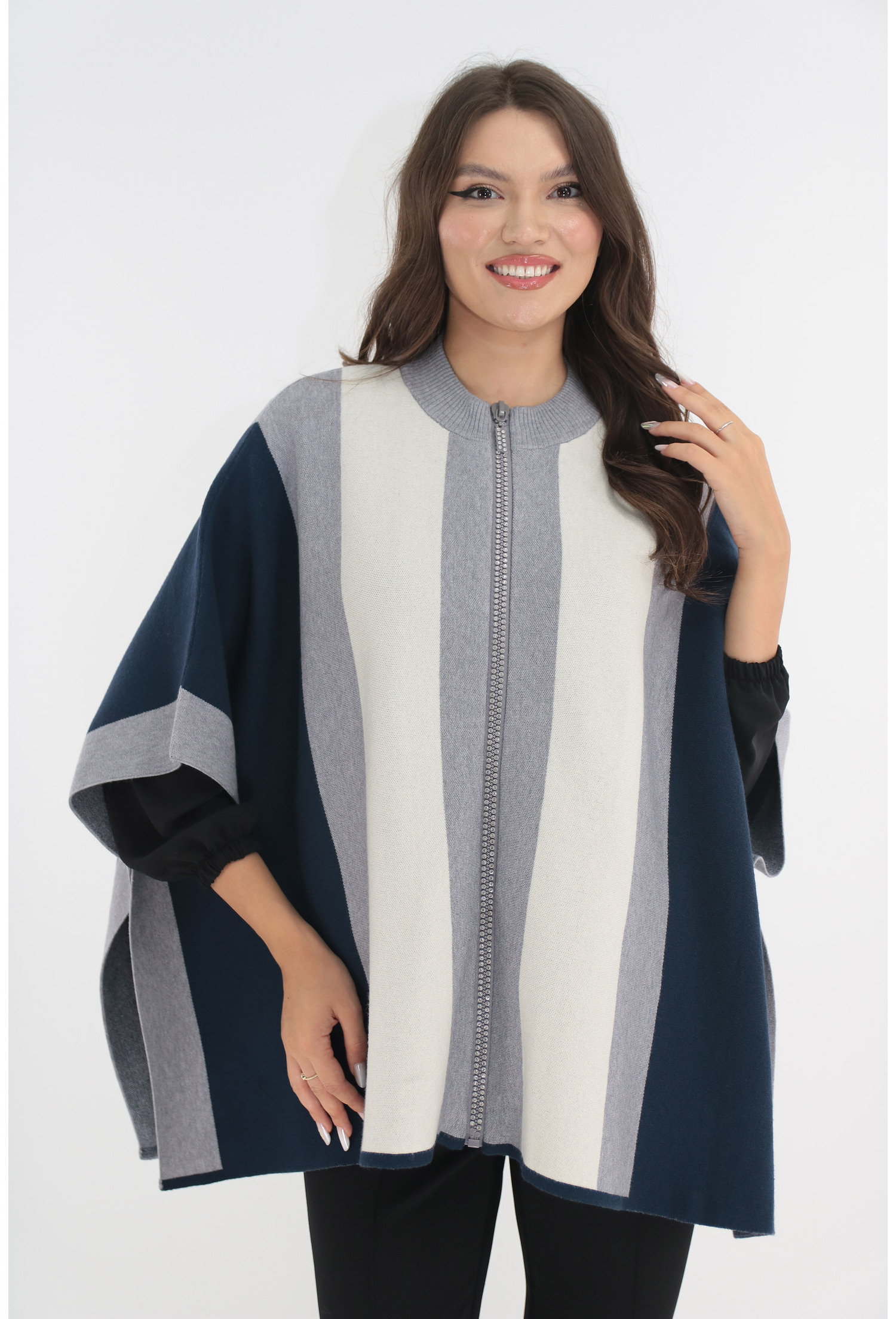 Poncho elegant bleumarin-gri cu continut de casmir Poncho elegant bleumarin-gri cu continut de casmir