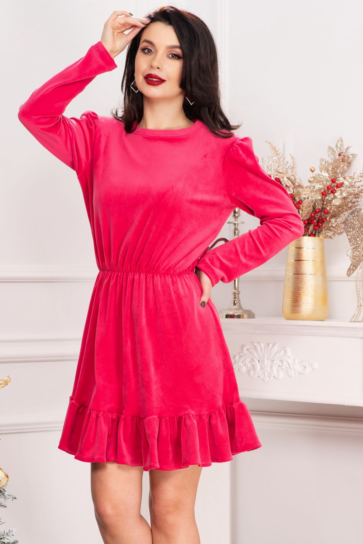 Rochie dama Cherry din catifea fucsia cu volanas Rochie dama Cherry din catifea fucsia cu volanas