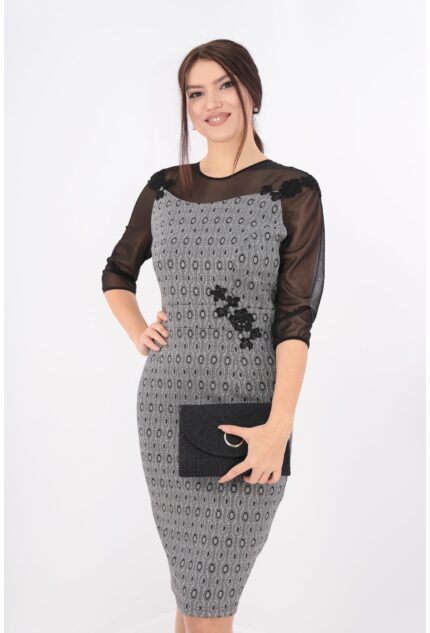Rochie din brocard argintiu cu negru