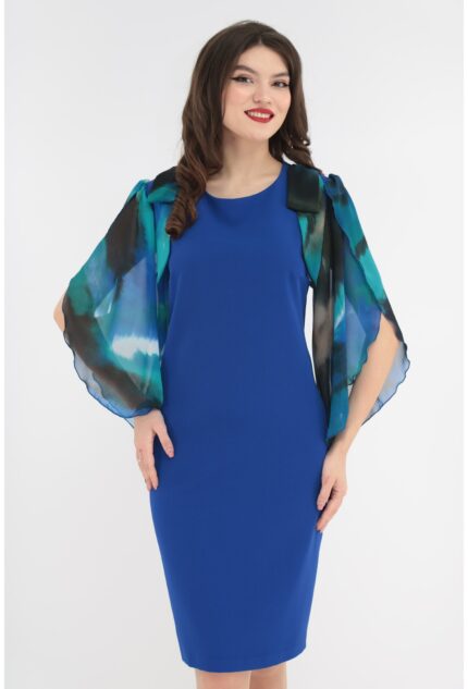 Rochie eleganta albastra cu maneci din voal imprimat