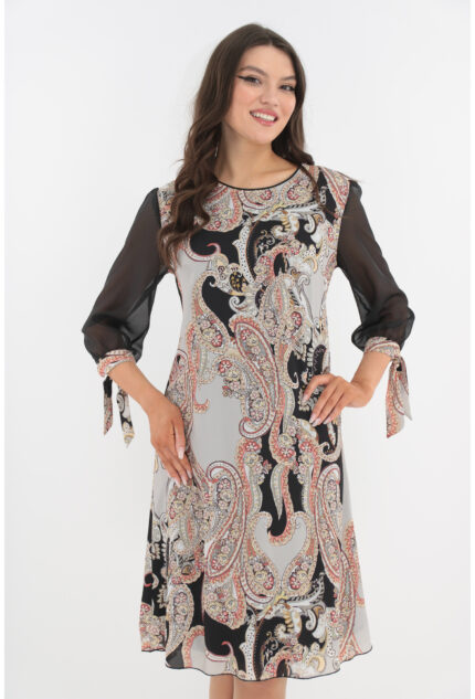 Rochie eleganta bej cu print abstract si maneci din voal