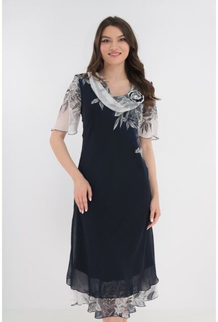 Rochie eleganta bleumarin cu bordura florala alb-gri