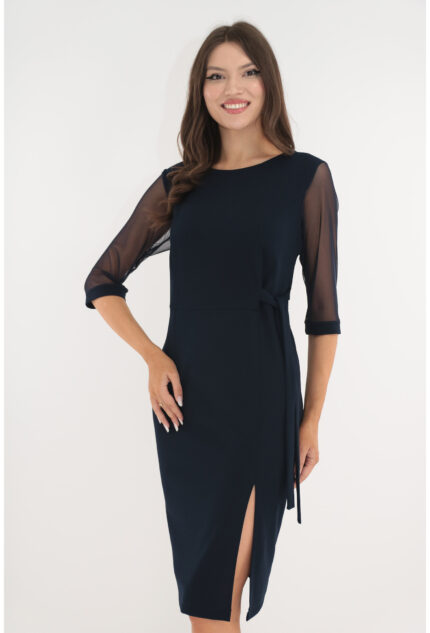 Rochie eleganta bleumarin cu maneci din tulle si cordon in talie