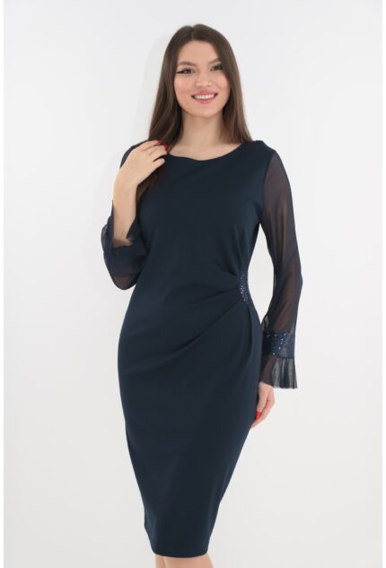 Rochie eleganta bleumarin cu pliuri si paiete