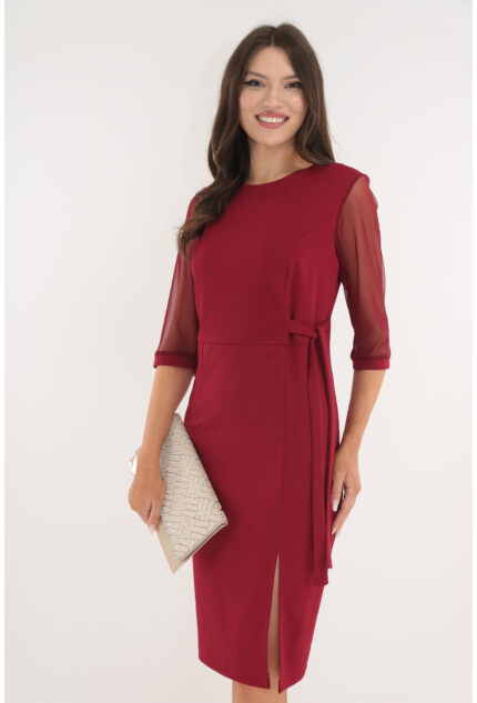 Rochie eleganta bordo cu maneci din tulle si cordon in talie