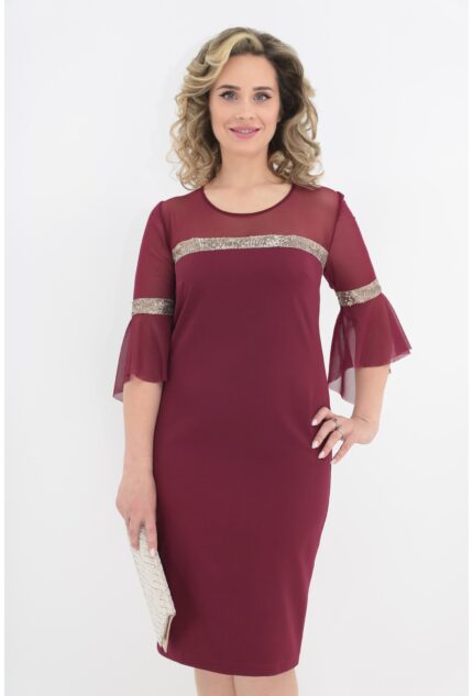 Rochie eleganta bordo cu tull si banda cu paiete aurii
