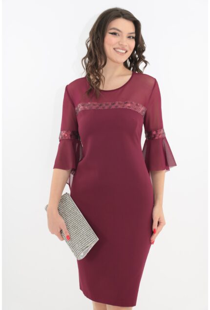 Rochie eleganta bordo cu tull si banda decorativa cu paiete