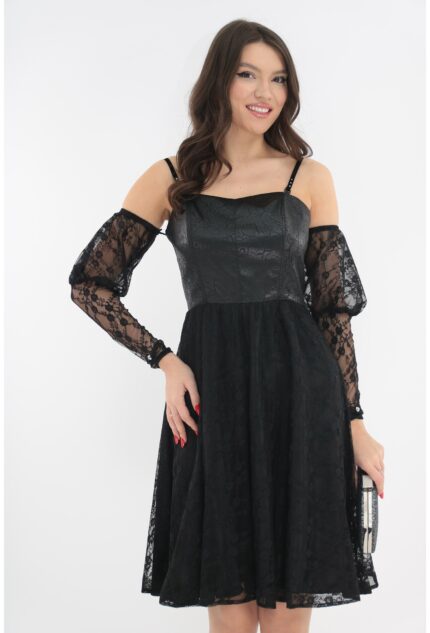 Rochie eleganta clos din dantela neagra si matase peliculizata