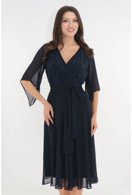 Rochie eleganta clos din voal bleumarin cu bust cu margelute