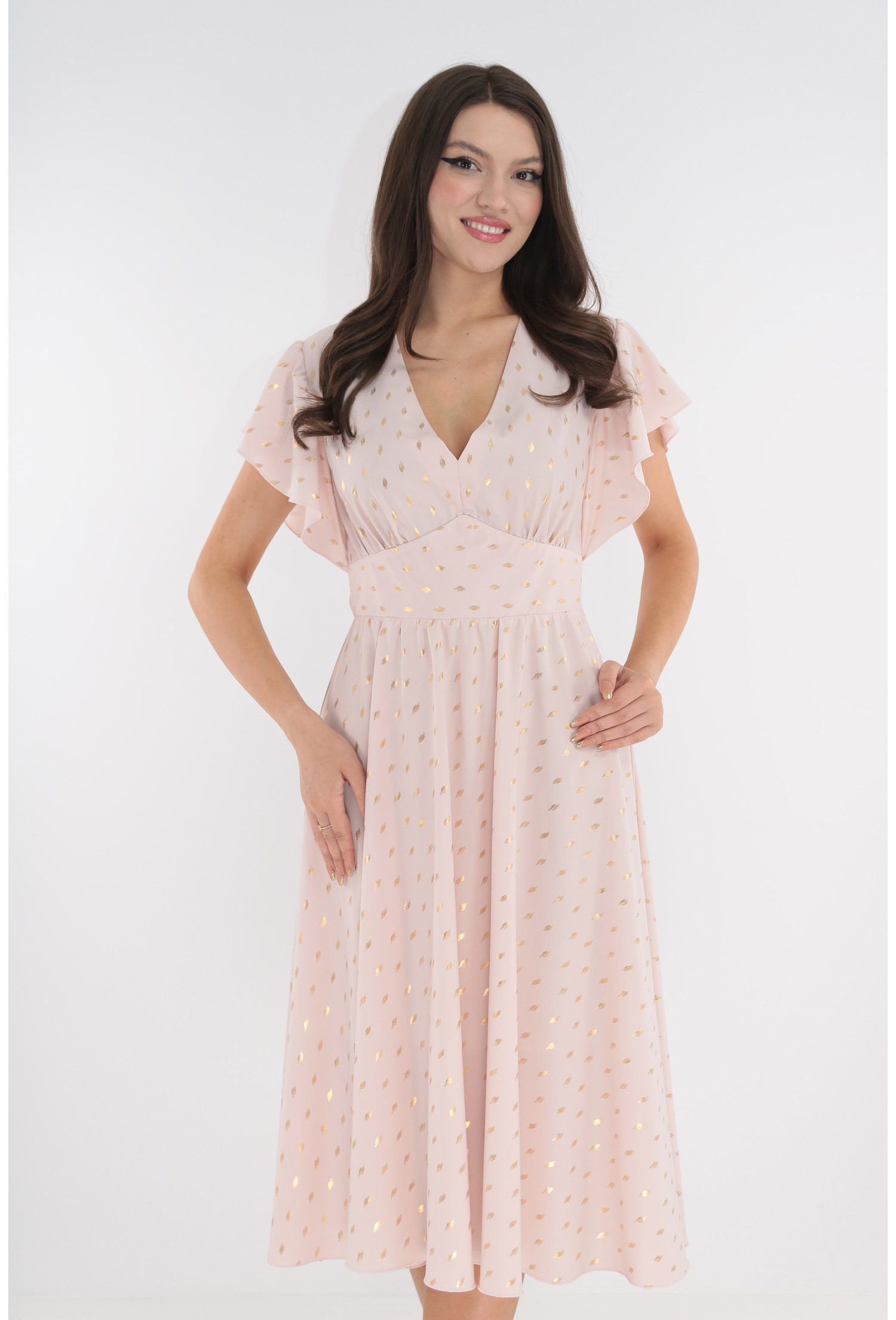 Rochie eleganta clos roz deschis cu print auriu Rochie eleganta clos roz deschis cu print auriu