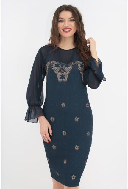 Rochie eleganta din brocard bleumarin si voal