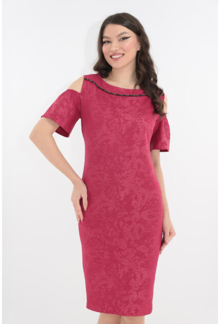 Rochie eleganta din brocard bordo cu decupaje la maneci