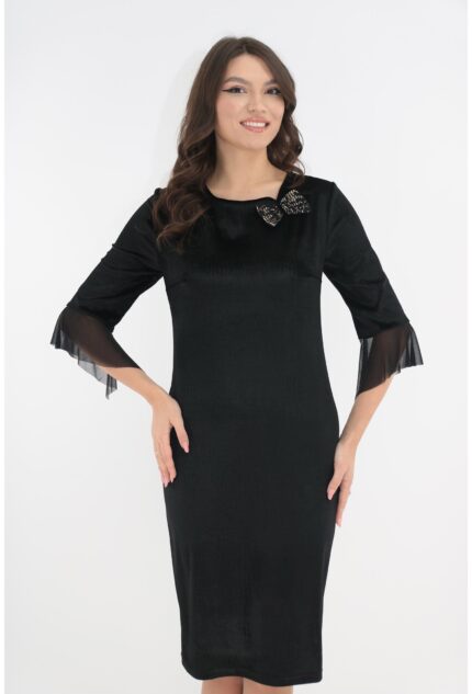 Rochie eleganta din catifea neagra cu fundita aurie la decolteu