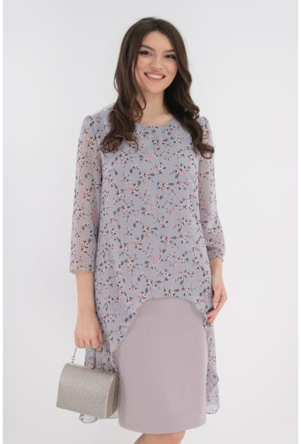 Rochie eleganta gri cu imprimeu floral si aspect suprapus