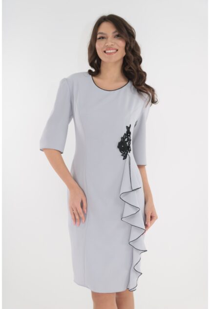 Rochie eleganta gri-perlat cu broderie neagra