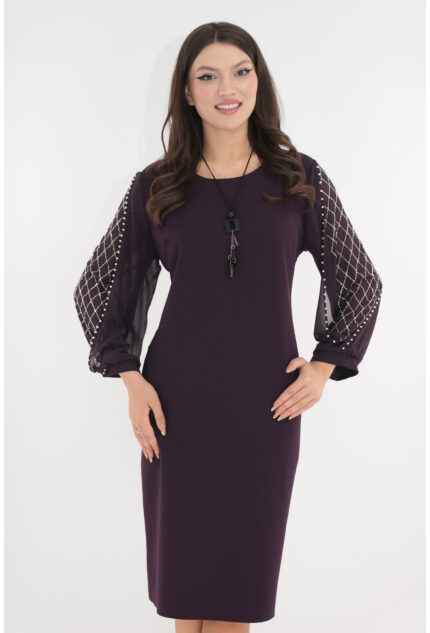 Rochie eleganta mov cu maneci din voal cu strasuri