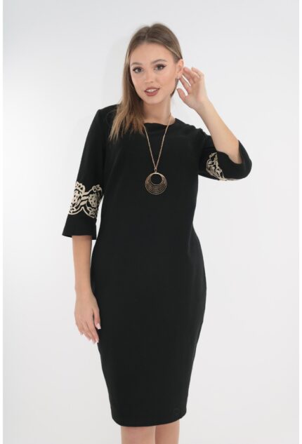 Rochie eleganta neagra cu broderie florala la maneci