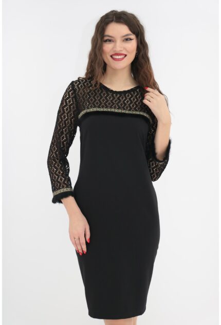 Rochie eleganta neagra cu dantela si banda aurie cu blanita