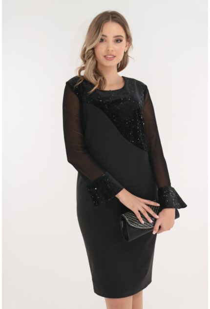 Rochie eleganta neagra cu insertii din catifea si paiete
