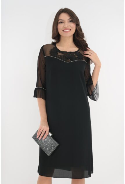 Rochie eleganta neagra cu insertii din organza si margelute argintii