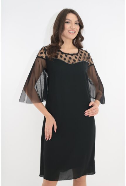 Rochie eleganta neagra cu insertii din tulle cu buline si franjuri