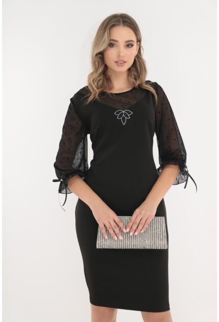 Rochie eleganta neagra cu maneci din tulle cu buline