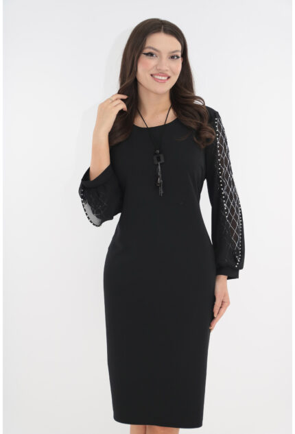 Rochie eleganta neagra cu maneci din voal cu strasuri