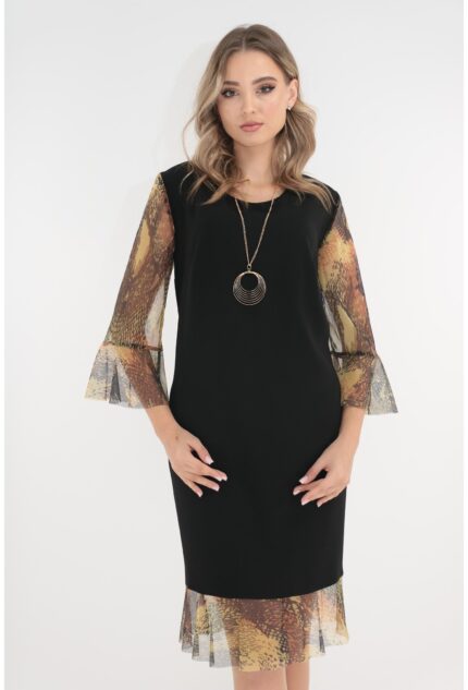 Rochie eleganta neagra cu maneci si volan din tulle olive