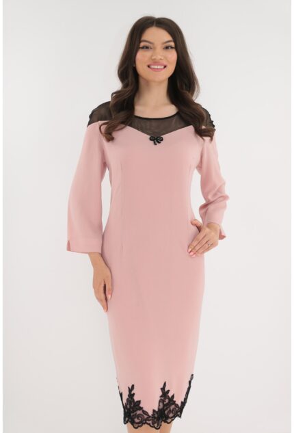 Rochie eleganta roz-pudra cu broderie neagra