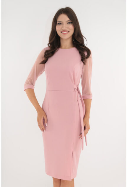 Rochie eleganta roz-pudra cu maneci din tulle si cordon in talie
