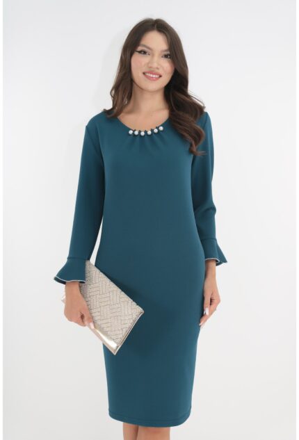 Rochie eleganta turcoaz cu perle la decolteu