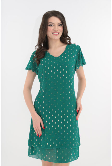 Rochie eleganta verde cu voaluri suprapuse si print auriu