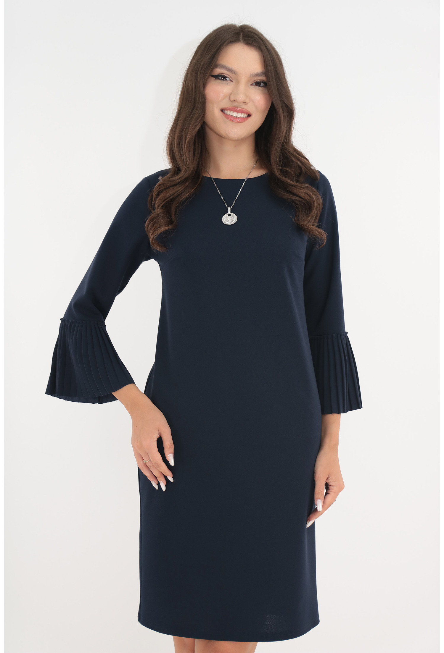 Rochie office bleumarin cu lantisor si volanase Rochie office bleumarin cu lantisor si volanase