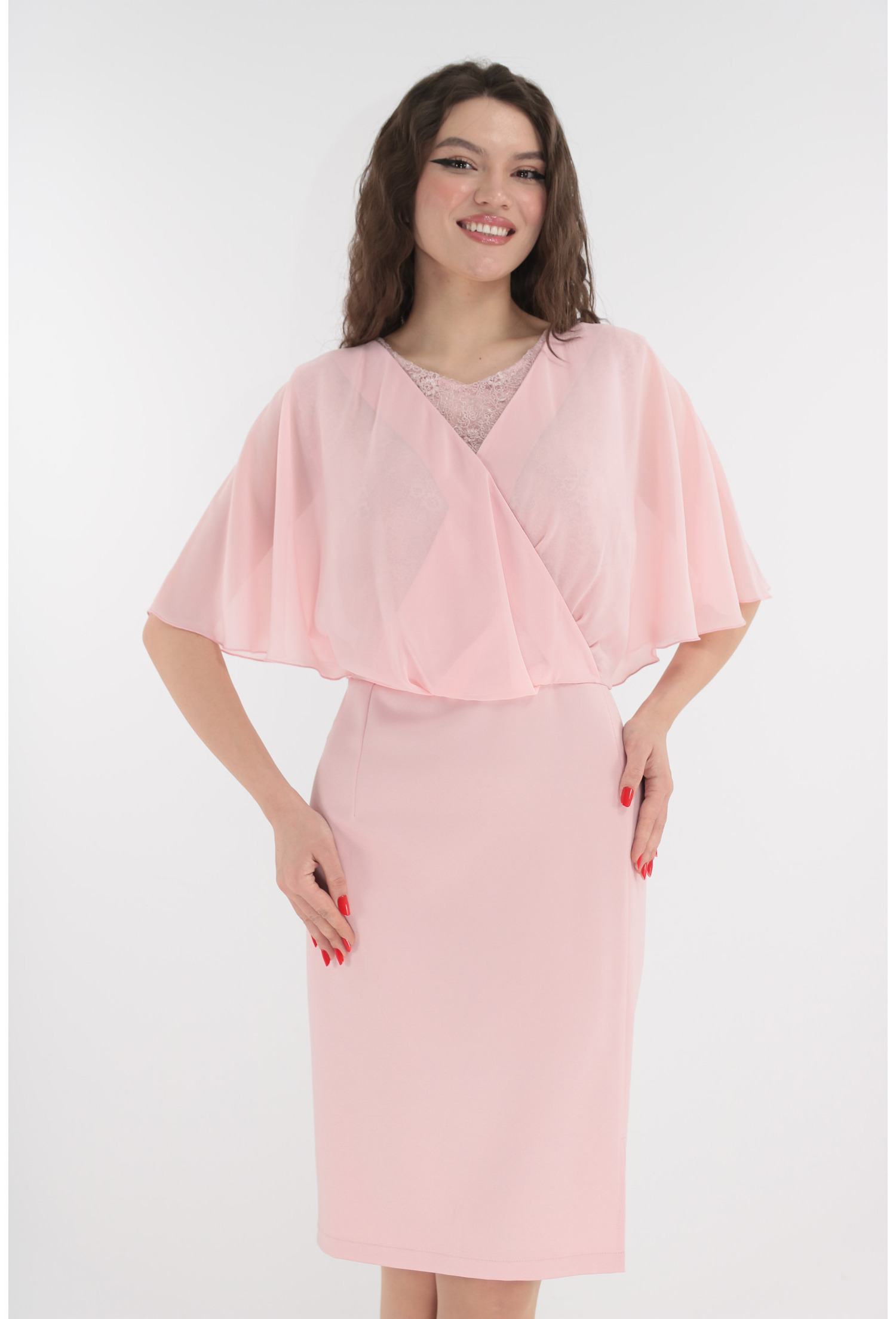 Rochie roz de ocazie cu bust din dantela si voal Rochie roz de ocazie cu bust din dantela si voal