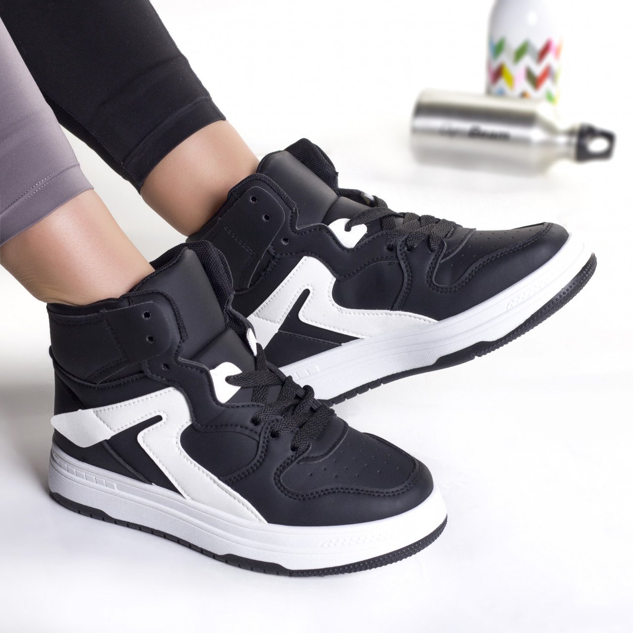 Sneakers dama piele eco negru alb maram Sneakers dama piele eco negru alb maram