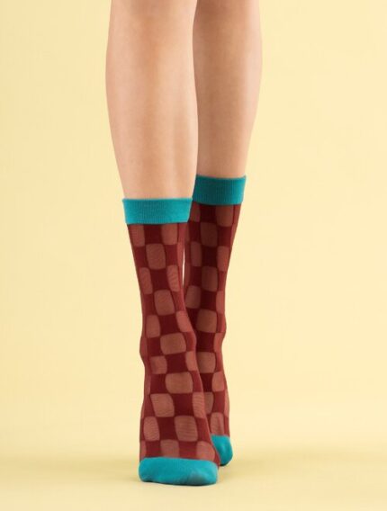 Sosete colorate in carouri burgund si manseta turcoaz Fiore Check Twice 20 den